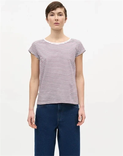 Mads Nørgaard - Fine Jersey Stripe Teasy T-shirt - Brilliant White/Winetasting
